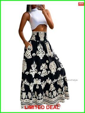 CHICME Womens 100% Viscose Boho Floral Maxi Skirt with Pockets A-Line High Rise